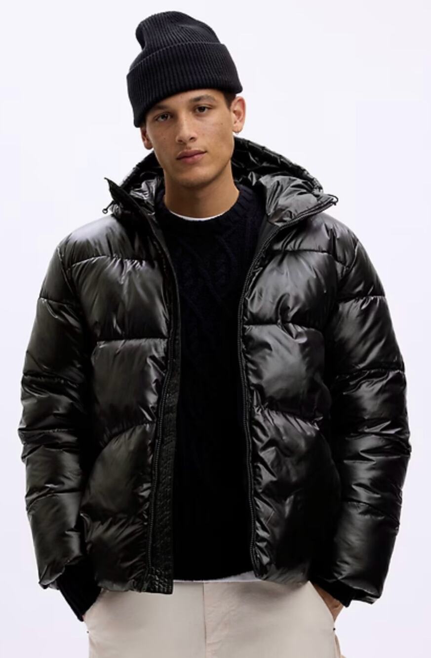 NEW GAP Men’s Sz Medium Puffer Jacket Black Shine Lightweight Recycled Material